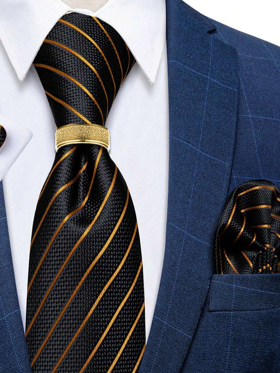 Bộ 4 món dành cho nam giới: cà vạt đen cổ điển, khăn cài túi áo, khuy măng sét kèm vòng vàng, thích hợp cho tiệc cưới, tiệc chiêu đãi, dạ hội. - màu đen - Xem 1