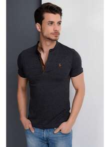 Men's Summer Casual Business Commute Embroidered Pattern Short Sleeve Half-Button Polo Shirt - Dark Grey - View 2