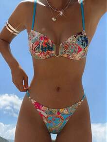 2026 New Paisley Print Backless Tie Strap Swimwear, Beach Vacation & Pool Party Bikini 2-Piece Set For Women Summer - Multicolor - View 3