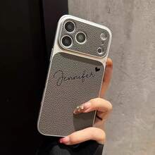 Personalized Heart-Shaped Name Luxury PU Leather Litchi Texture Phone Case For IPhone 17 16 15 Pro Max, 3D Embossed Laser Engraved Letter Anti-Drop Protective Cover, Gift - Khaki - View 4
