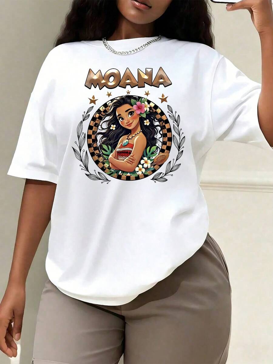 Women's Casual Disney Moana Printed Round Neck T-Shirt With Short Regular Sleeves, Men's Sizes Suitable For The Whole Family - 白色 - 查看 1