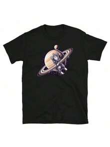 Space Themed Jumping Cat - Saturn Graphic T Shirt - 黑色 - 查看 1