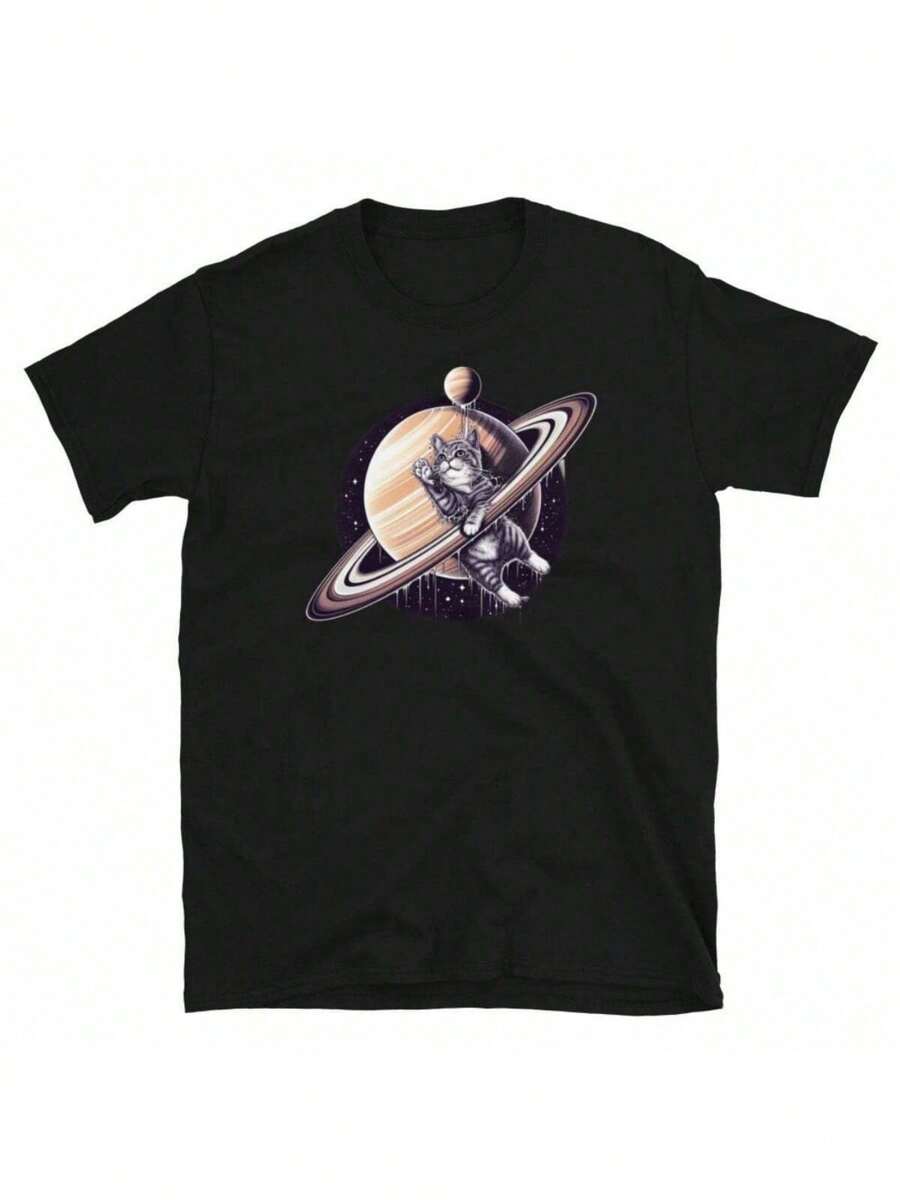 Space Themed Jumping Cat - Saturn Graphic T Shirt - 黑色 - 查看 1