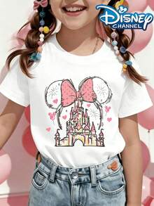 Disney Pink Bow Minnie Mouse Castle Graphic Summer Tee, Perfect For Cute Girls. Teen Girl Gift,Comfortable And Breathable Children's Short-Sleeved T-Shirt. 180g Pure Cotton Children's Clothes,Suitable For Both Boys And Girls.Suitable For Daily Wear, Vacations, Outdoor Activities, And As A Children's Gift. - trắng - Xem 1