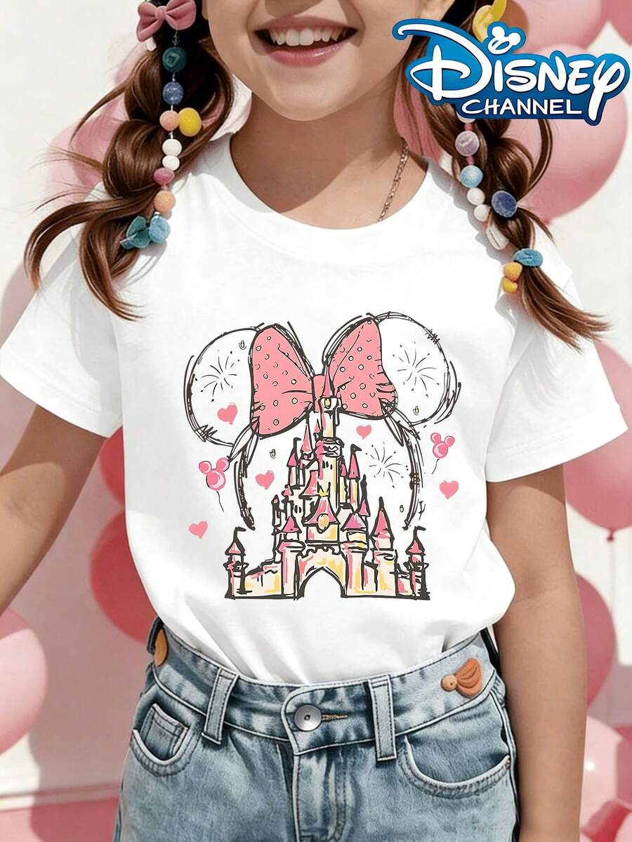 Disney Pink Bow Minnie Mouse Castle Graphic Summer Tee, Perfect For Cute Girls. Teen Girl Gift,Comfortable And Breathable Children's Short-Sleeved T-Shirt. 180g Pure Cotton Children's Clothes,Suitable For Both Boys And Girls.Suitable For Daily Wear, Vacations, Outdoor Activities, And As A Children's Gift. - trắng - Xem 1