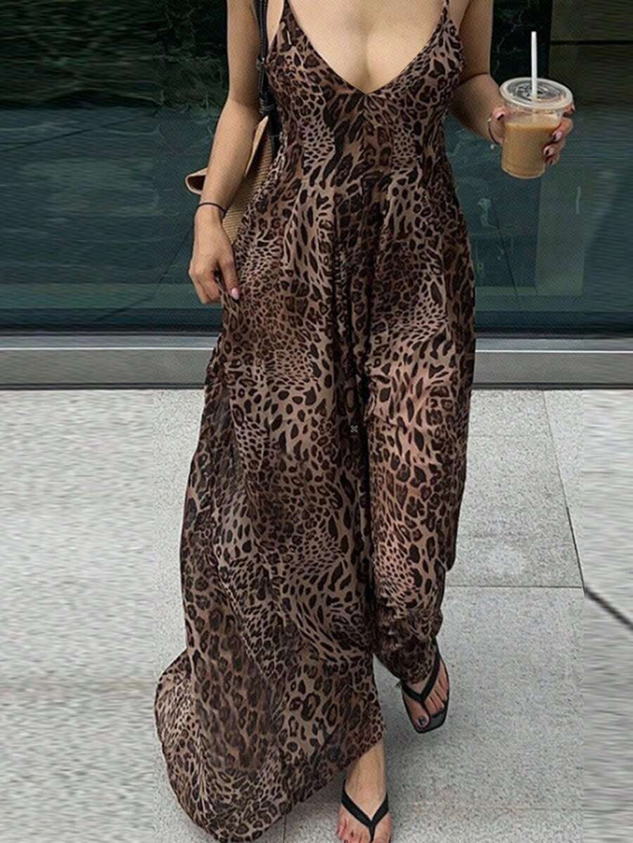 Vestido de tirantes con estampado de leopardo de moda de verano para mujer - Marrón 2 - Ver 1