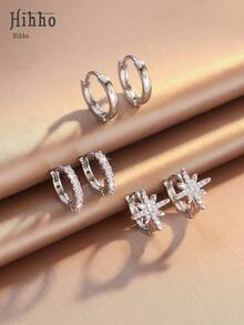 Hihho Bộ 6 chiếc bông tai khoen hình ngôi sao đính đá Cubic Zirconia lấp lánh tối giản, kết hợp với bông tai trơn một hàng đính đá Zirconia cổ điển, bộ quà tặng trang sức cao cấp. - Nhiều màu - Xem 5