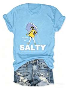 Plus Size Salty With Umbrella Graphic Tee - Vintage Style Summer Beachwear For Women, Perfect For Vacation And Everyday Wear, T-Shirt-Unisex - 天藍色 - 查看 12