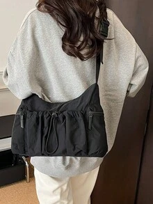 2026新款百褶多口袋抽繩肩背布包，純色休閒質感女款斜背包 - 彩色 - 查看 5