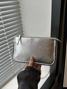 豹纹女士手提包，新款时尚魅力女士个性化串珠单肩包/手拿包 - 銀色 - 查看 6