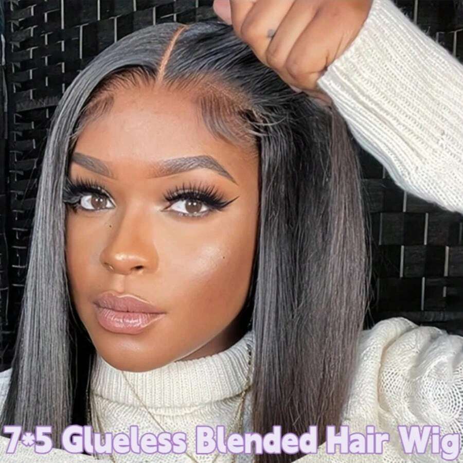 即戴即用假发，巴西真人发，7*5 骨直蕾丝闭合假发，200% 密度，无胶真人混发蕾丝假发，预先拔毛、预先修剪，无需胶水，无需技巧，3 秒即可佩戴，适合初学者，巴西直发蕾丝前假发，真人混发，无胶假发，带婴儿发，女士款