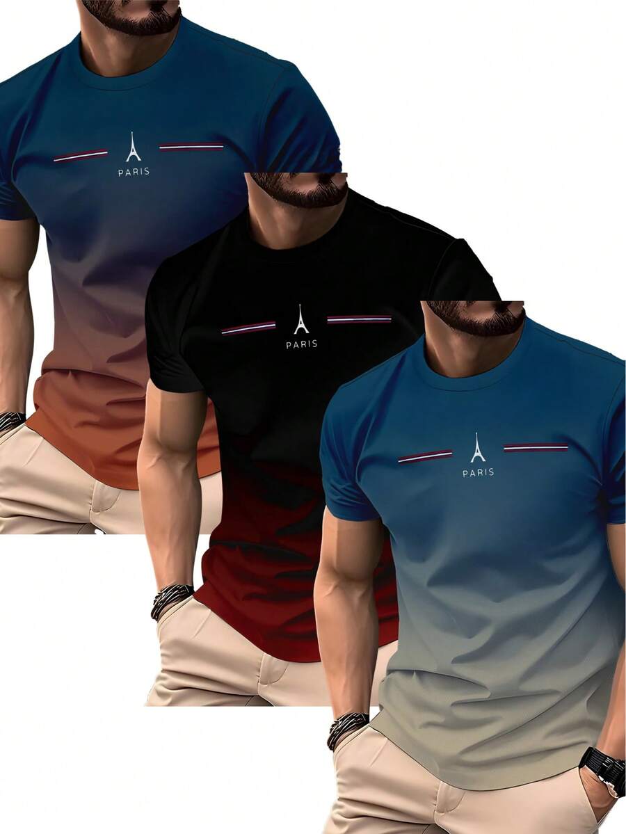3pcs/Set Gradient PARIS Letter & Stripe Print T-Shirts, Tricolor Gradient Patchwork Casual Short Sleeve Tees, Minimalist Loose Fit Summer All-Match Tops - Multicolor - View 1