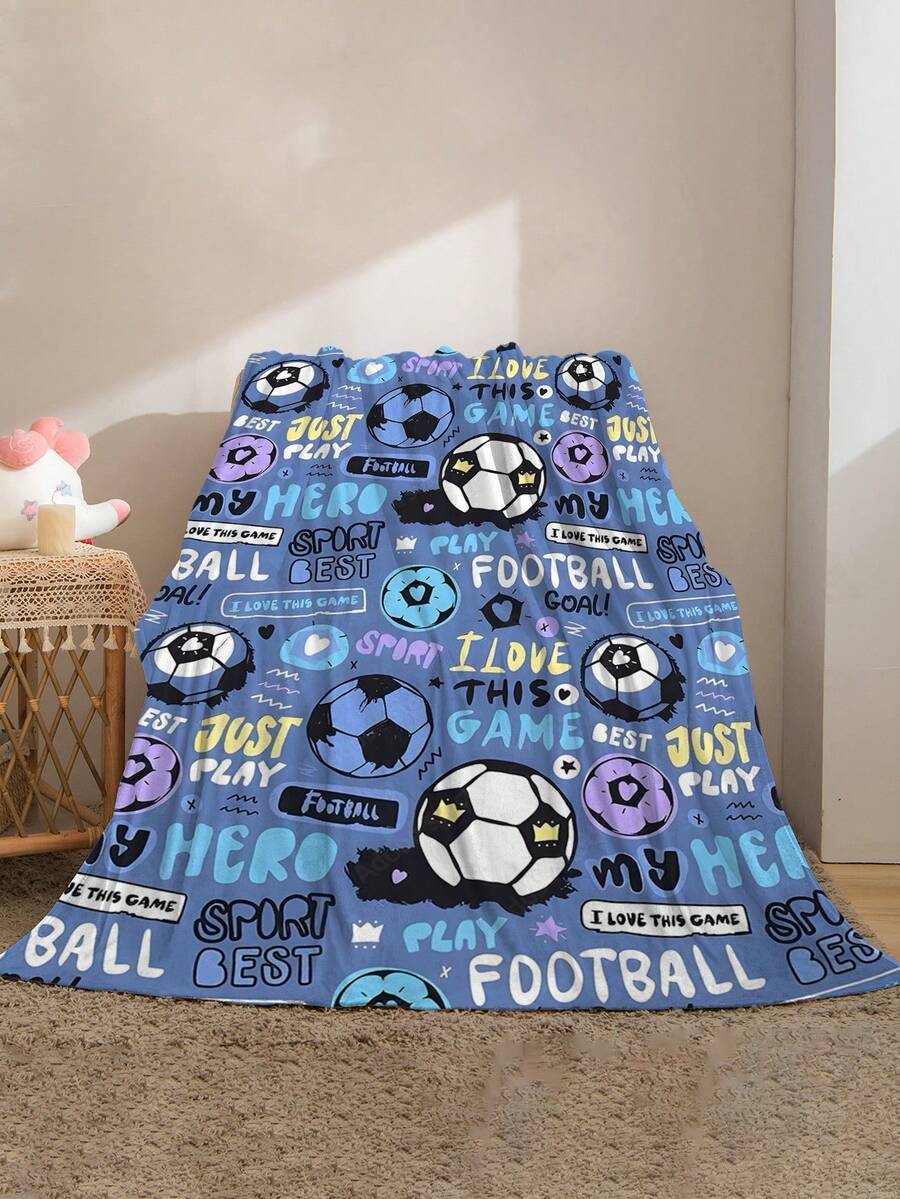 1pc Cartoon Football Print Flannel Blanket - Soft & Comfortable, Suitable For Outdoor, Travel, Camping, Sofa, Bedding - Modern Funny Cartoon Minimalist Print, Comfortable Bedding Accessory For All Seasons, Versatile - Multicolor - View 1