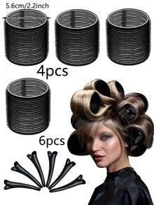 2-10 pièces/set Bigoudis à cheveux avec pinces, bigoudis auto-adhésifs convenant aux cheveux longs/moyens/courts et aux franges, outil de frisage de cheveux DIY, tailles : 6 cm, 4,8 cm, 3,9 cm. Cadeau de la fête des mères et de la Saint-Valentin pour les couples. Kit essentiel de frisage de cheveux à domicile (comprend 4 bigoudis et 6 pinces à cheveux). Kit d'outils de coiffure - Noir - Voir 10