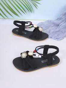 1 par de accesorios de perlas falsas, metal tallado y cuentas de vidrio coloridas que crean una atmósfera lujosa, adecuados para escenas casuales, sandalias planas para niños - Negro - Ver 3