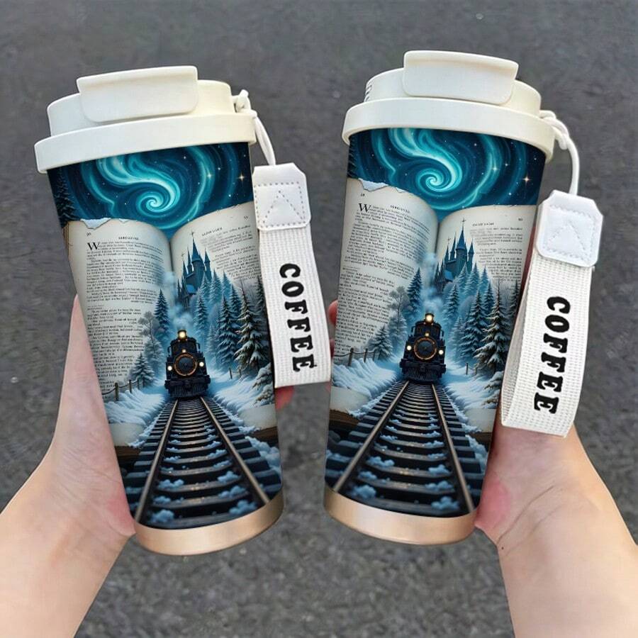 1pc/5pcs 17oz Printed Fantasy Train & Book Stainless Steel Insulated Coffee Tumbler, Leak-Proof Travel Mug With Carry Strap, Magical Themed Gift For Readers & Fantasy Fans - Multicolor-train 2 - View 1