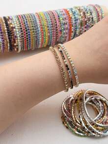 Set de 5 brazaletes elásticos con rhinestones brillantes, pulseras con cuentas de estilo fiesta ajustables, regalos para mujeres - G-Blanco*5 piezas - Ver 11