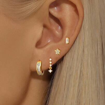 4件套时尚星星耳钉套装，女士18K镀金简约几何耳环耳骨穿刺饰品