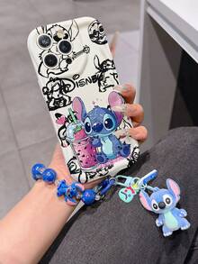 Disney Lilo & Stitch Phone Case With Stitch Beaded Wrist Strap & Plush Keychain, Cute Stitch With Bubble Tea Cartoon Print With Black Graffiti Background, Shockproof Silicone Wave Edge Case With 3D Stitch Charm & Hand Strap, Disney Stitch Phone Cover For IPhone 17, 16, 15, 14, 13, 12, And 11 Pro Models. Made Of Durable TPU With Shockproof Protection. A Fun Gift For Family, Friends, Birthdays, Holidays, And Special Occasions. - trắng - Xem 3