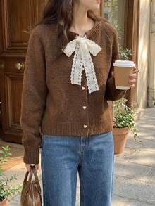 Cárdigan casual de mujer con mangas raglán y cordones, unicolor, para otoño/invierno - Café integral - Ver 4