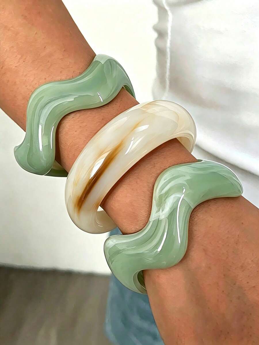 3件套复古简约波浪纹亚克力手镯，绿色开口手镯，适合女性日常佩戴，可叠戴，节日送礼佳品 - 綠色 - 查看 1