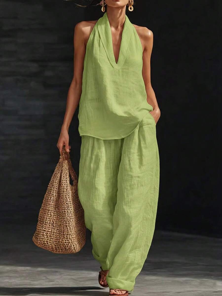2026 Spring/Summer New Women's Halter Neck V-Neck Sleeveless Casual Two-Piece Set Suitable For Daily Casual Wear, Beach Vacations, And Dates - 黃綠色 - 查看 1