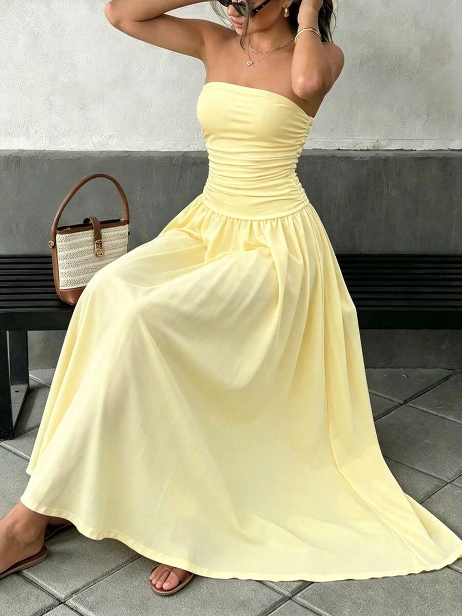 PEONY Women's Elegant French Style Solid Color Strapless Sleeveless Waist Flared Dress, Yellow, Suitable For Summer Vacation, Birthday Party, Fairy Style, Festivals, Outdoor, Graduation Ceremony, Casual Evening, Garden, Party - Light Yellow - View 1