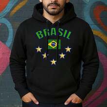 Kangaroo Hoodie Brazil Stars V-Shaped Hood And Pocket Stylish And Delicate Warm Quality Cotton - Black - View 1