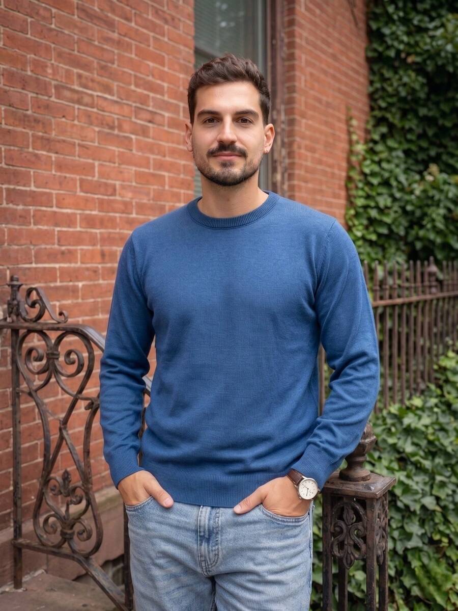 Men's Premium Knitting Sweater Long Sleeve Round Neck Sophisticated Timeless - 藍色牛仔褲 - 查看 1