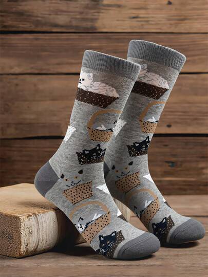 GNIM HL 1双男士可爱猫咪印花纯棉中筒袜，新颖宠物设计，适合休闲、滑板、日常穿着