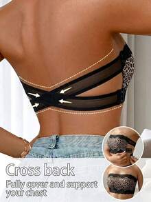 Leopard Print Lace Trim Strapless Breathable Mesh Criss-Cross Back Bandeau Bra - Black - View 6