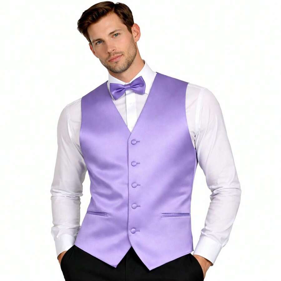 Sizes XS To 6XL Men's 3-Piece Tuxedo Vest Set – Satin Waistcoat With Bow Tie And Pocket Square For Wedding, Prom, Formal Events - Hoa oải hương - Xem 1