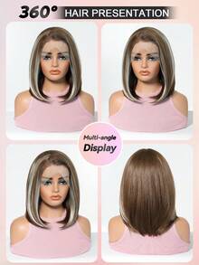 13*4 Lace Front Wigs Shoulder Length Short Straight Bob Wig For Women, Ombre Chestnut Brown With Platinum Blonde Highlights Synthetic Wig, Natural Looking Heat Resistant Wig For Daily Party 12 Inch - Blonde Highlight - View 10