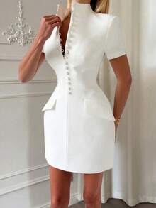 Elegant Daily Business Casual Workwear Commute Formal Vintage Waist Cinched Mini Dress White Summer - White - View 4