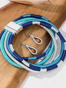 1 Set, African Wrapped Necklace Set, Handwoven Light Blue Multi-Layer Cord Necklace And Earrings - Baby Blue - View 4
