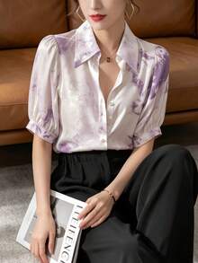 YUXIN 女士夏季水洗衬衫，复古优雅翻领花瓣袖宽松休闲通勤衬衫度假款 - 紫色 - 查看 10