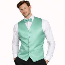 Sizes XS To 6XL Men's 3-Piece Tuxedo Vest Set – Satin Waistcoat With Bow Tie And Pocket Square For Wedding, Prom, Formal Events - Mint Blue - View 1