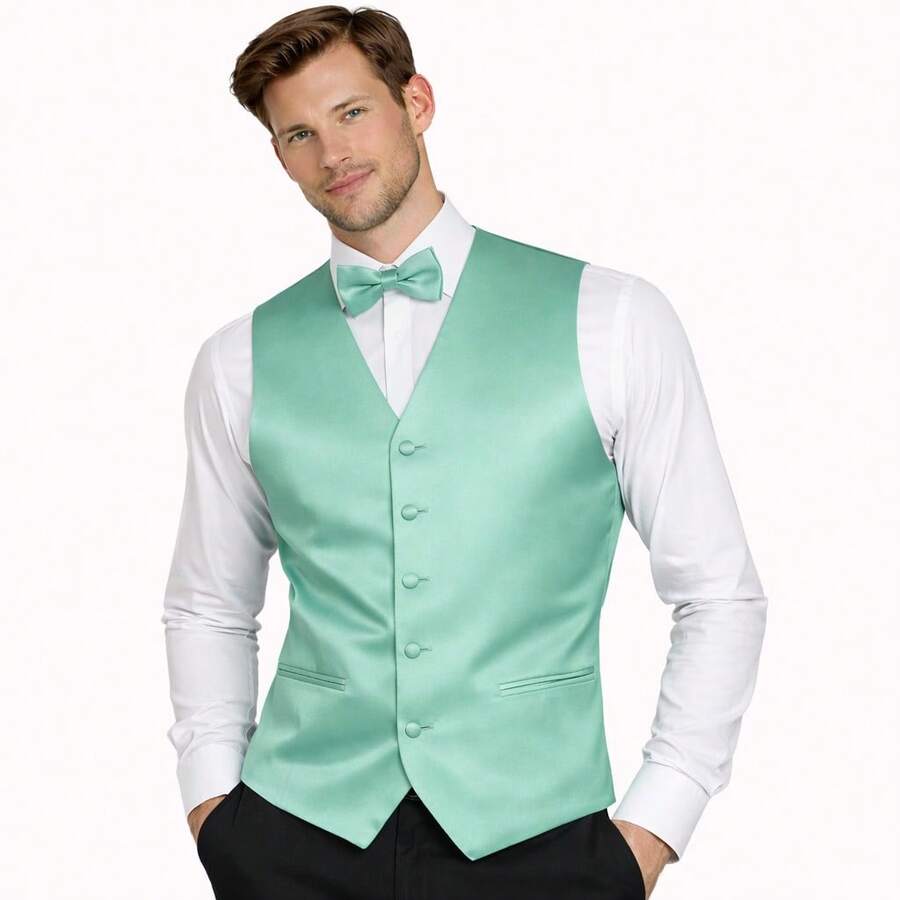 Sizes XS To 6XL Men's 3-Piece Tuxedo Vest Set – Satin Waistcoat With Bow Tie And Pocket Square For Wedding, Prom, Formal Events - Mint Blue - View 1