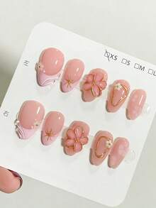 10pcs Almond-Shaped Wearable Nails, Soft Nude Base Color Paired With 3D Floral & Gold Foil Decor, Hand-Painted Starry & Asymmetrical Line Design, Elegant Minimalist Style, Reusable Daily Wear Fake Nails, Easy To Apply, Suitable For Weddings, Dates, Daily Wear & Special Occasions, Great Gift For Women, Brides & Nail Art Enthusiasts - Multicolor - View 5