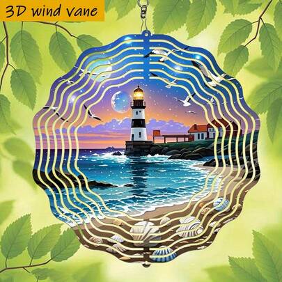 1 Stück 3D "Leuchtturm bei Nacht, fliegender Pelikan, Küstenlandschaft" 25cm*25cm mit 360° drehbarem Haken, kreative Outdoor-Dekoration ohne Strom, zufälliger Stil (Anhänger nicht enthalten)