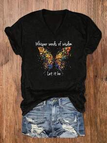 ¡Oferta por tiempo limitado, unidades limitadas,  relámpago! Camisas casuales para mujer, camisetas de poliéster para mujer, camisas elegantes.Camiseta para mujer con estampado de letras y mariposas - Cuello en V, manga corta, top casual para el día a día - Negro - Ver 3