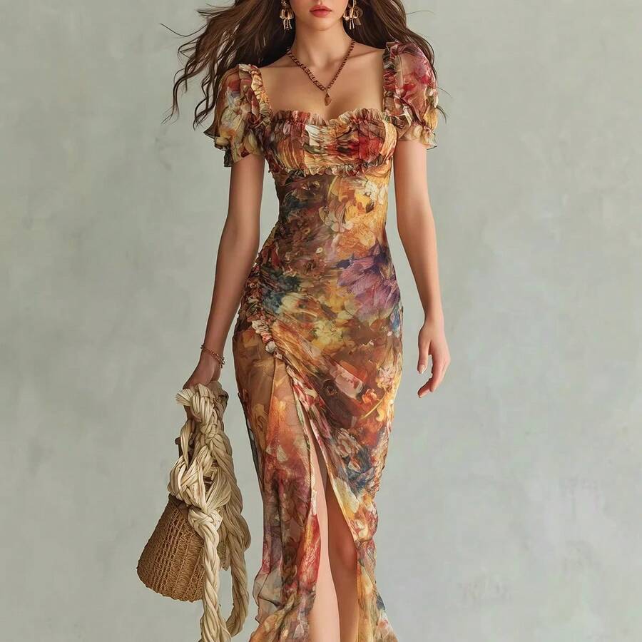 Women's Elegant Floral Chiffon Long Dress With Short Sleeves And Slit Hem Boho Fitted Maxi - 橘色 - 查看 1