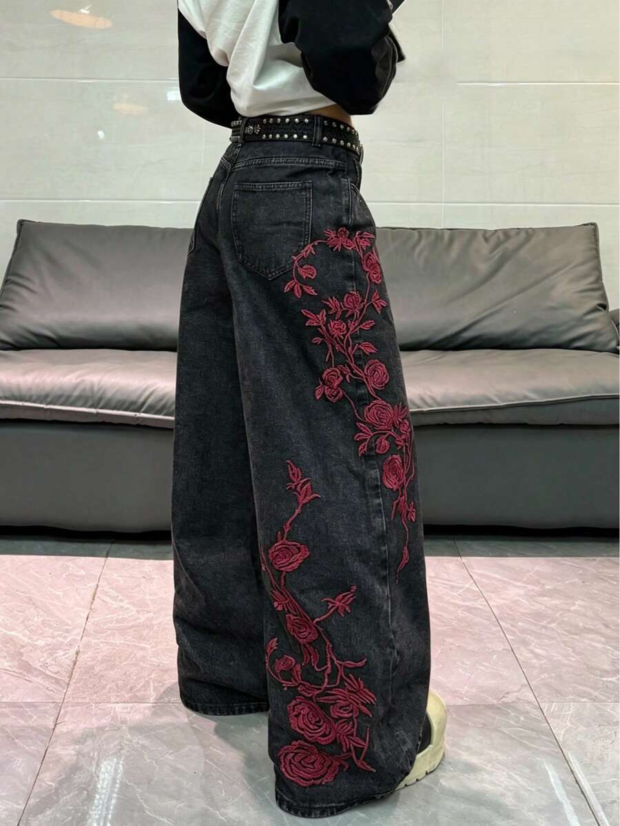 1件韓系街頭風女款刺繡寬腿鬆身長牛仔褲，四季皆宜休閒長褲（本產品不含腰帶/配件）