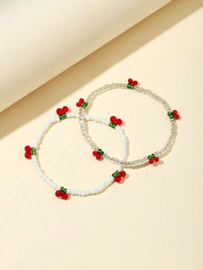 2 Pieces Of Sweet And Cute Fresh Cherry Bracelets, Daily Versatile Hand-Woven Beaded Bracelets