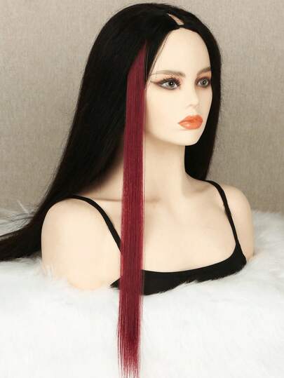 5 PCS Red Synthetic Clip-In Hair Extensions 20 Inch Long Straight Design, Stylish Hair Accessories For Christmas, New Year, Parties & Holiday Gifting