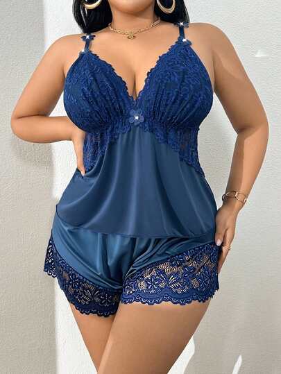 SOFUSEN Plus Size Lace Cami Pajama Set, Sexy Shorts, Casual Floral Sleepwear, Fitted Regular Length, All Seasons