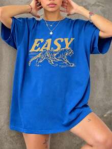 Vintage Retro Tiger T-Shirt, Vintage Distressed Tiger Shirt, Oversized Retro Tiger Tee,  Grunge Boho Shirt, Graphic Tee Valentine Outfits For Women  New Years Outfit Women - 藍色 - 查看 1