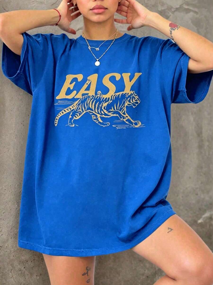 Vintage Retro Tiger T-Shirt, Vintage Distressed Tiger Shirt, Oversized Retro Tiger Tee, Grunge Boho Shirt, Graphic Tee Valentine Outfits For Women New Years Outfit Women - 藍色 - 查看 1