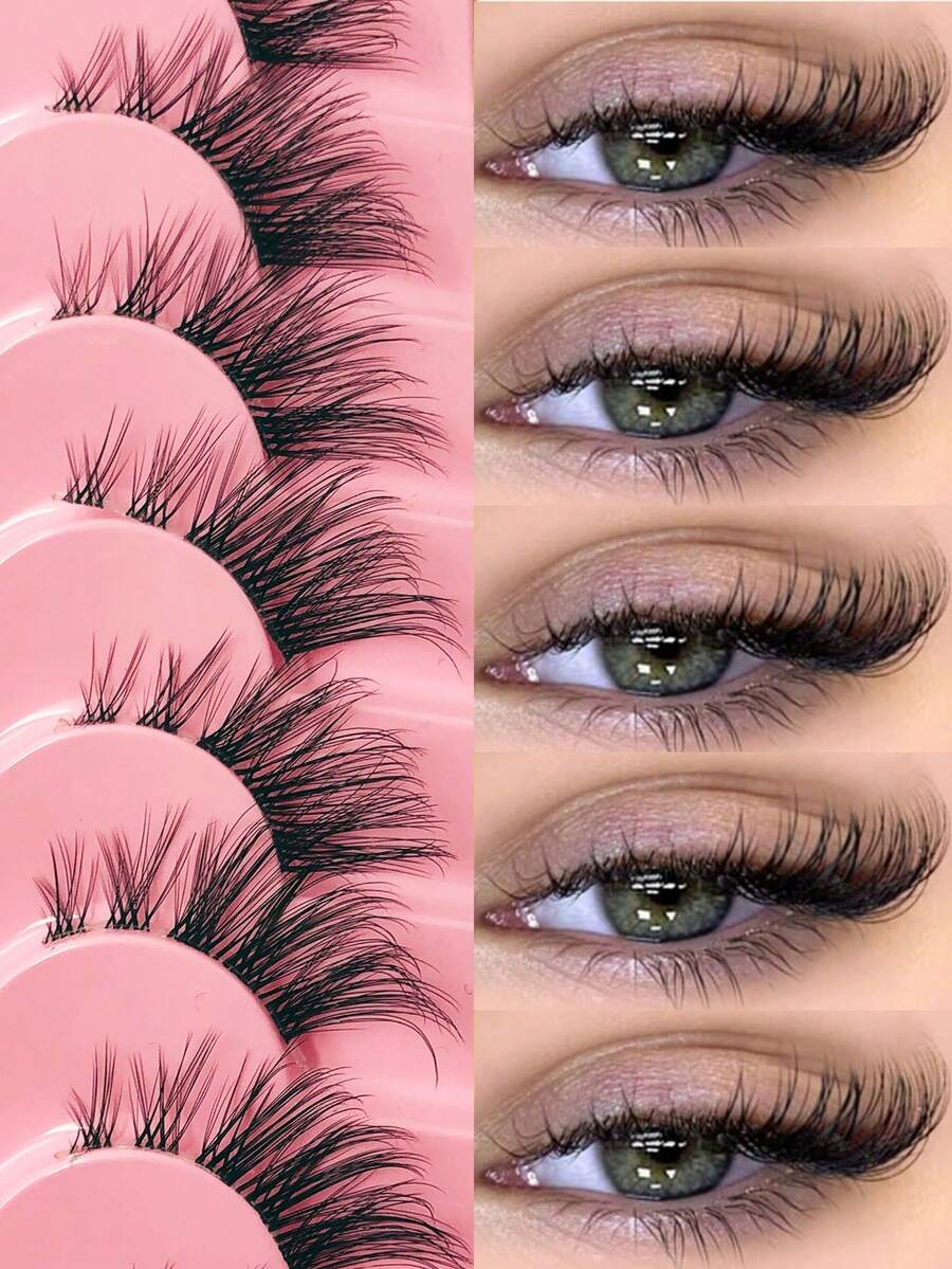 Asiteo 9 Pairs Half Lashes With Clear Band Cat Eye Tail Elongated Eyelashes Natural Look Wispy Faux Mink Lashes Fluffy Soft False Eyelashes Natural Makeup,Suitable For Everyday Wear, Party Wear, Valentine's Day Makeup - Black - View 1