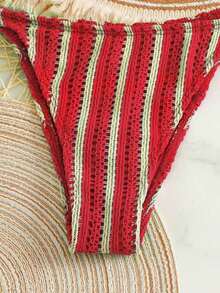 Traje de baño conjunto tres piezas para mujer para playa piscina vacaciones semana santa brunch y salidas a la playa bikini triangular con lazadas y shorts de playa con cordón color rojo y rosa textura arrugada estilo bohemio apto para verano y temporadas cálidas - Rojo - Ver 5